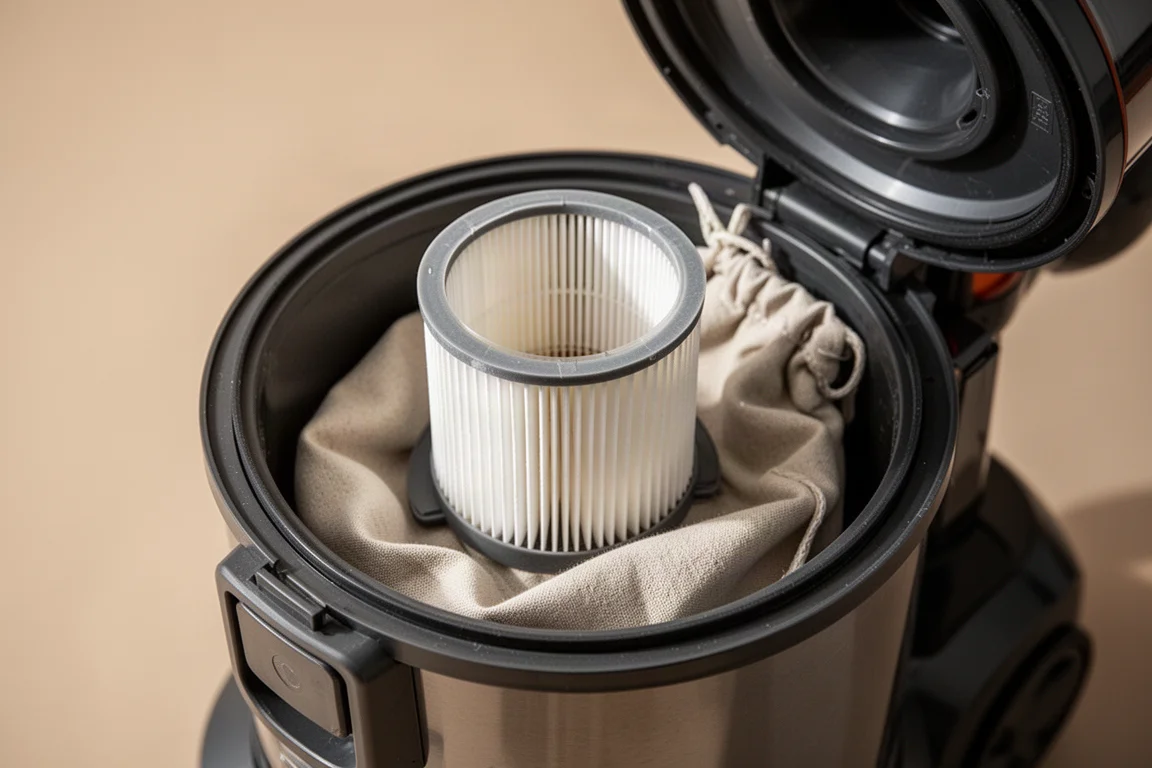 Pleated cartridge filter and dust bag installed inside a vacuum canister