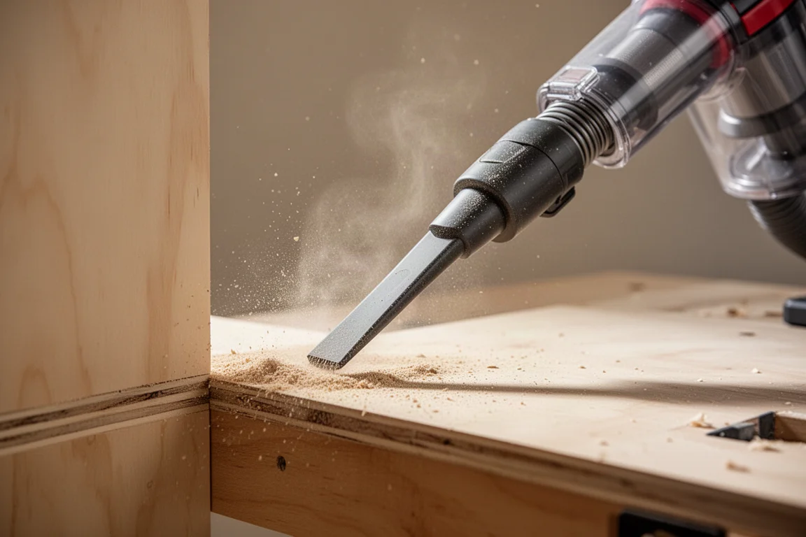 Wet/dry vac with crevice tool cleaning sawdust from a workbench corner