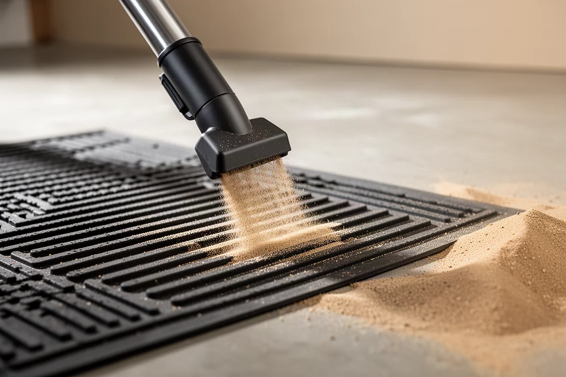 Wet/dry vac hose pulling sand from the grooves of a rubber utility mat