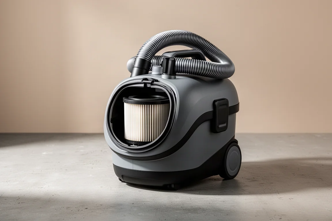Compact cordless wet/dry vac with hose and pleated filter on concrete surface