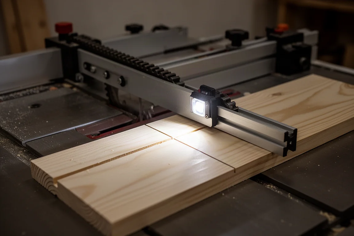 Parallelanschlag einer Tischkreissäge mit integrierter LED-Leuchte, die die Schnittlinie auf Holz ausleuchtet