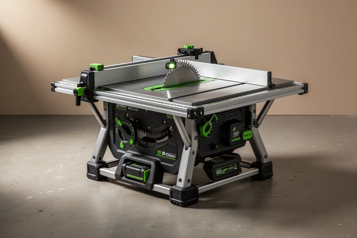 Flex 24V 10-inch portable table saw with metal top and rack and pinion fence on concrete