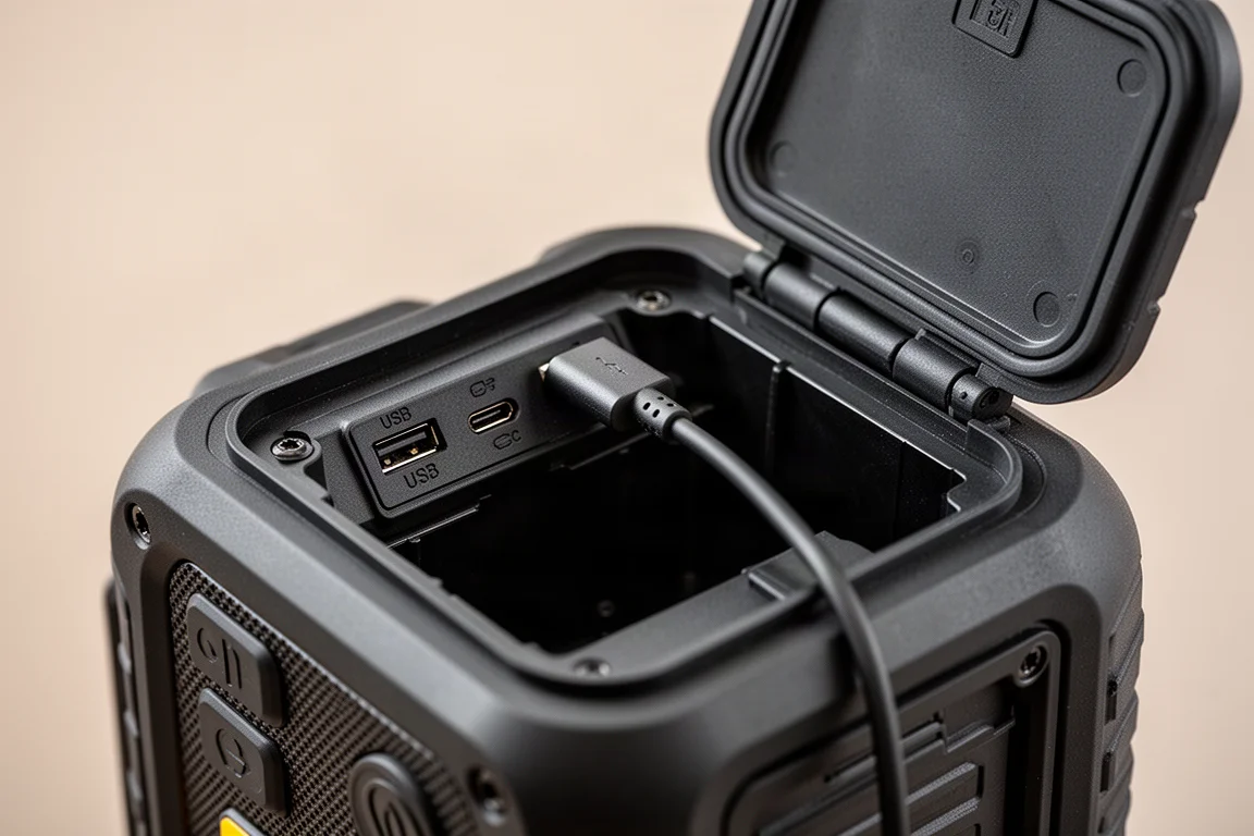 Smartphone wird über USB-Anschlüsse im Fach eines Baustellenradios geladen