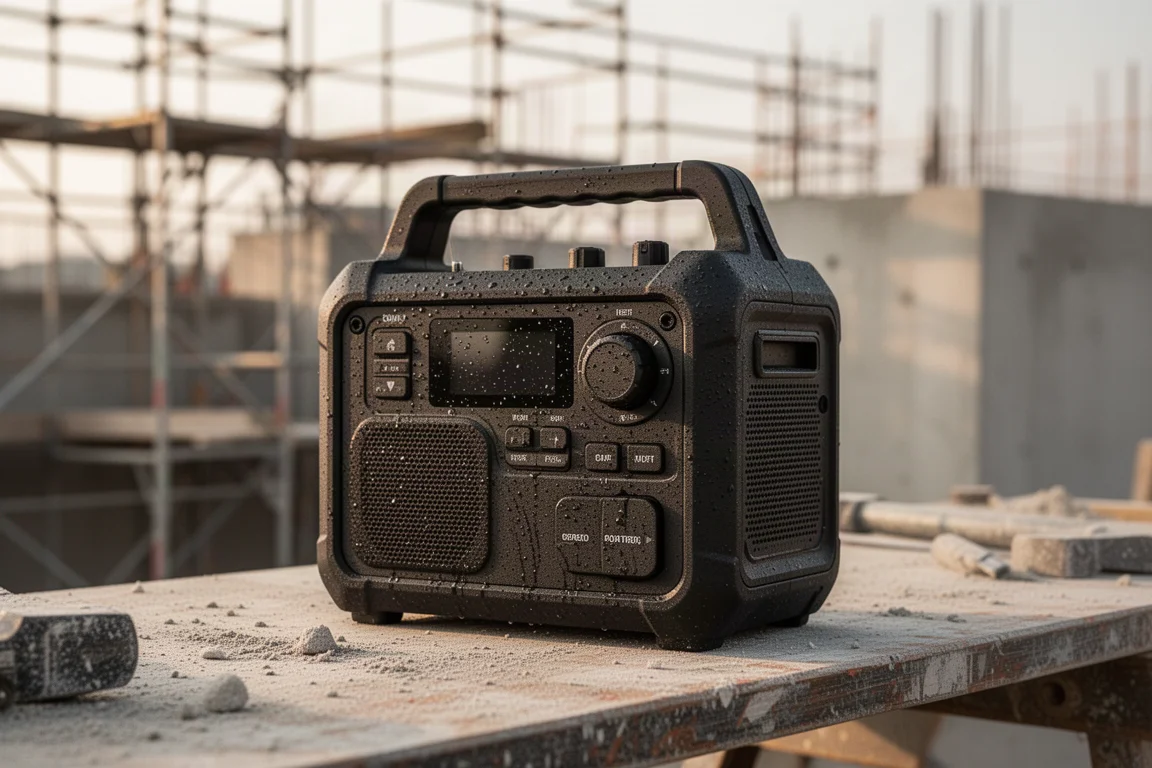 Staub und Feuchtigkeit auf einem robusten Baustellenradio bei Outdoor-Arbeiten