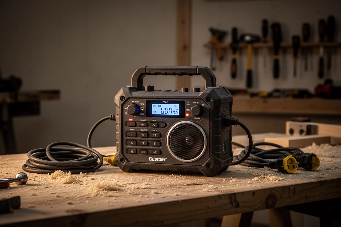 Baustellenradio spielt Musik auf einer Werkbank in einer stillen Werkstatt