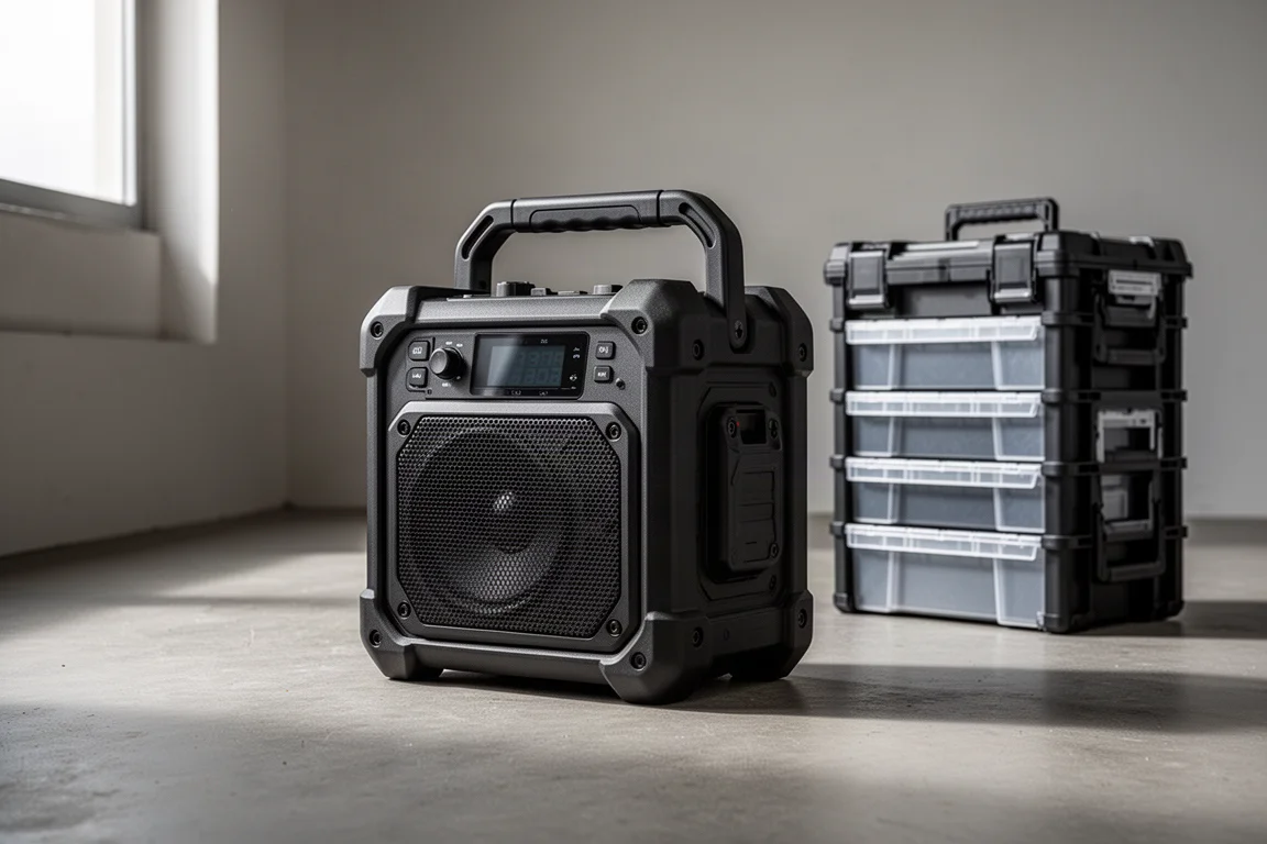 Rugged black Flex job site radio on a concrete workshop floor beside stacked tool storage boxes