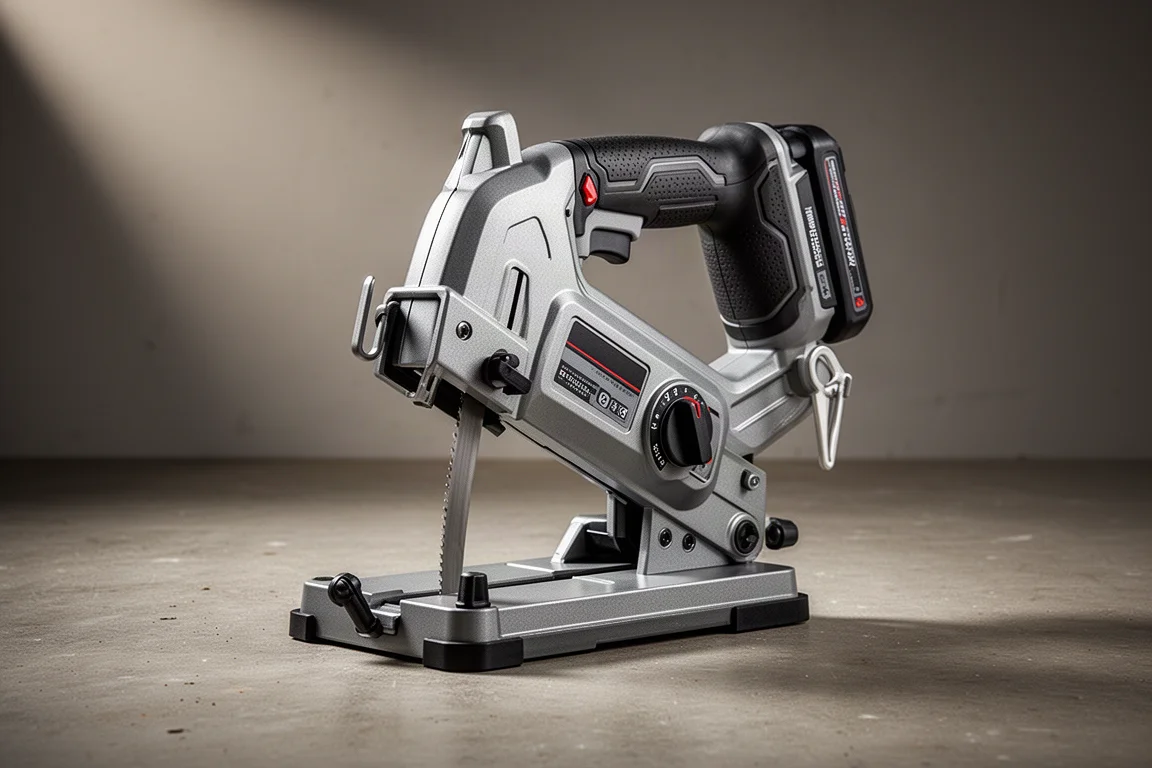 Flex 24V cordless bandsaw standing on a concrete workshop floor