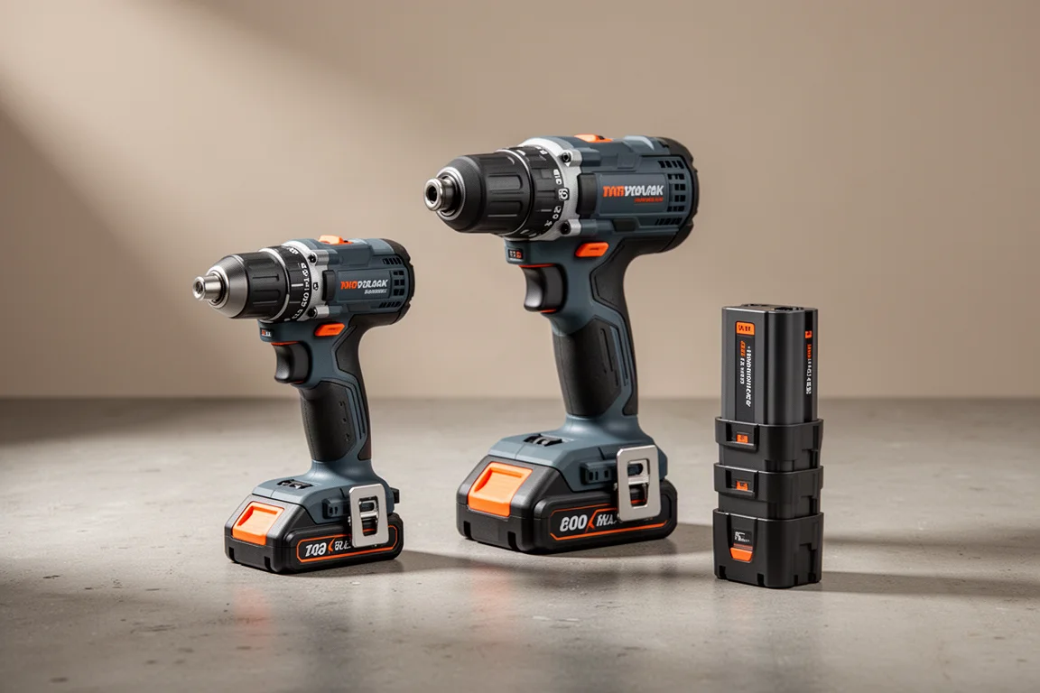 Cordless drill, impact driver, and battery packs arranged on a concrete workshop surface