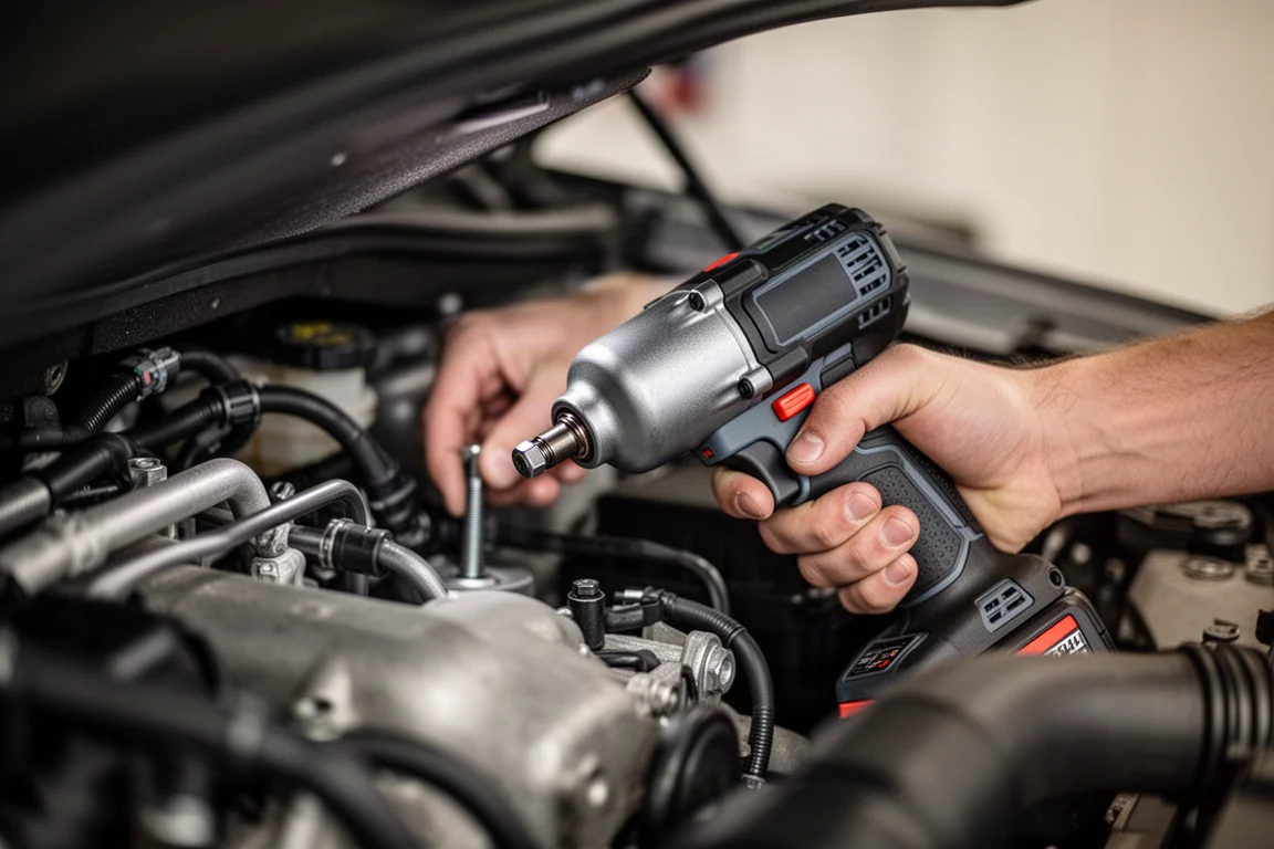 Service technician working in a tight engine bay with a compact cordless impact wrench