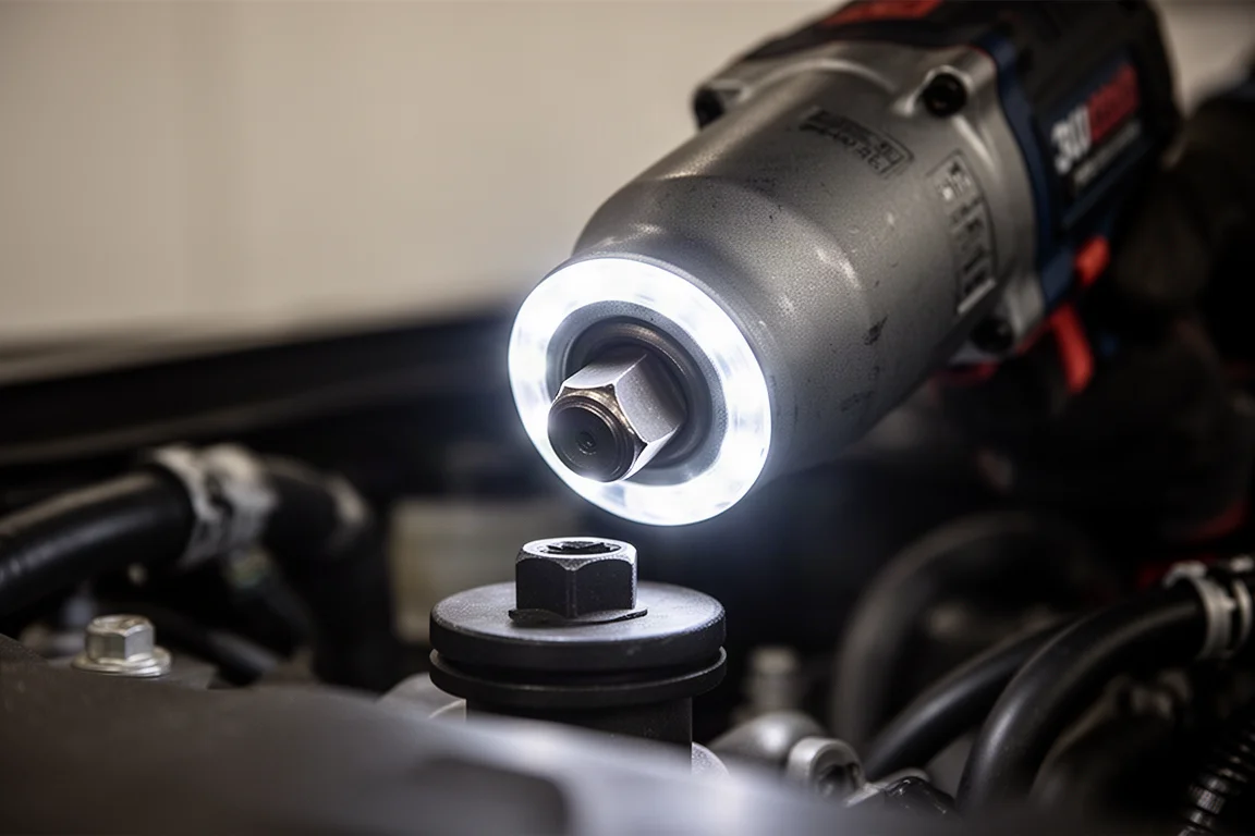 Close-up of an impact wrench LED ring illuminating a dark bolt