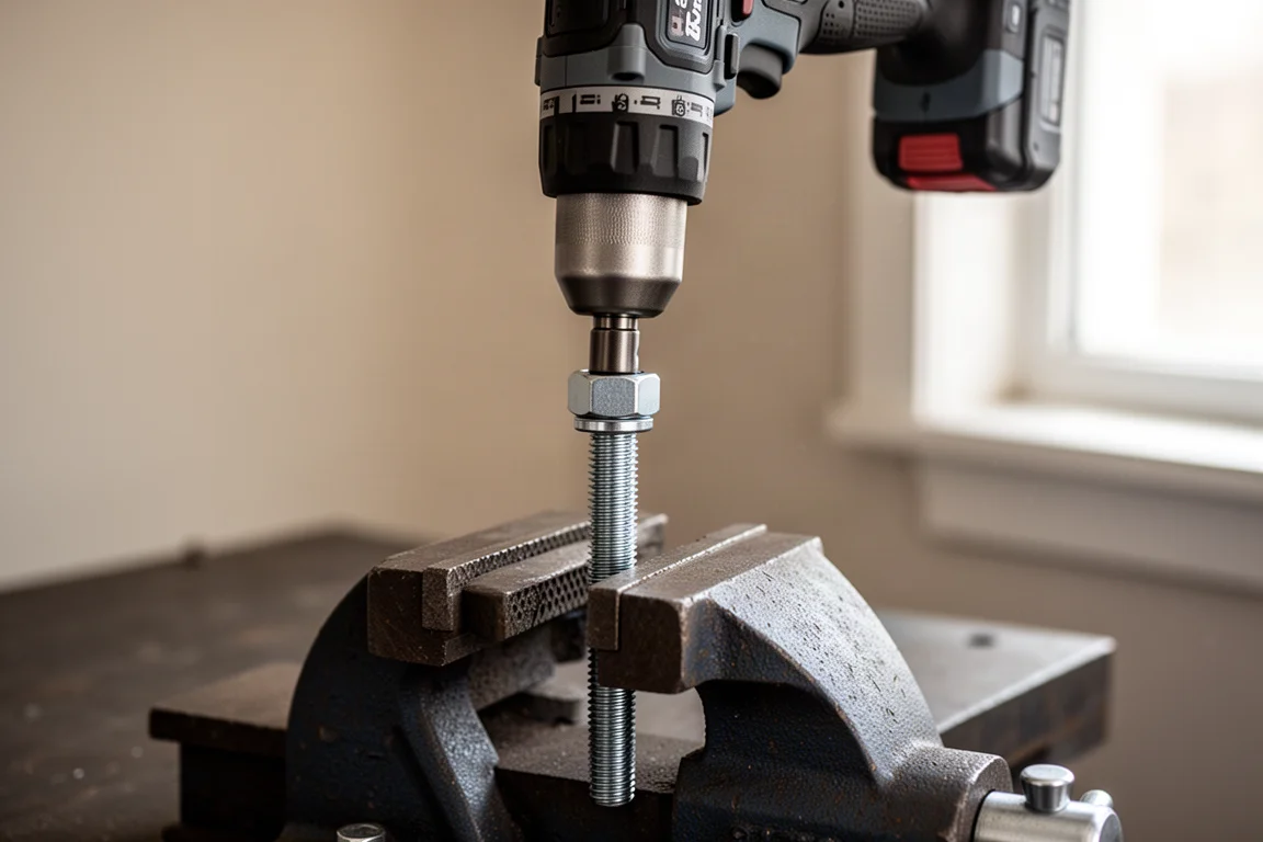 Impact wrench in auto mode snugging a nut onto a bolt on a workbench