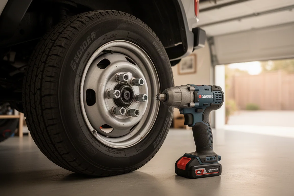 Wheel with lug nuts being loosened in a home garage setting