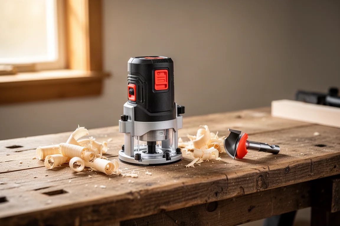 Compact cordless router resting on a workbench with wood shavings nearby