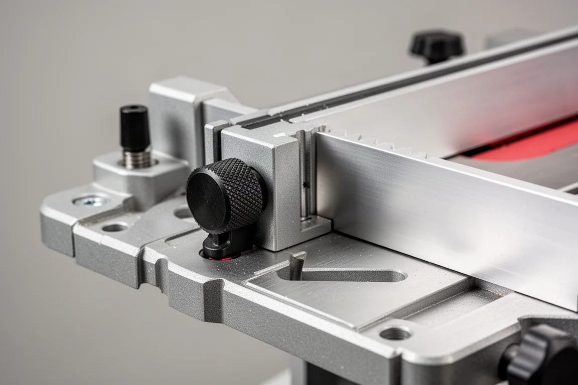 Close-up of a router base plate and adjustable guide fence