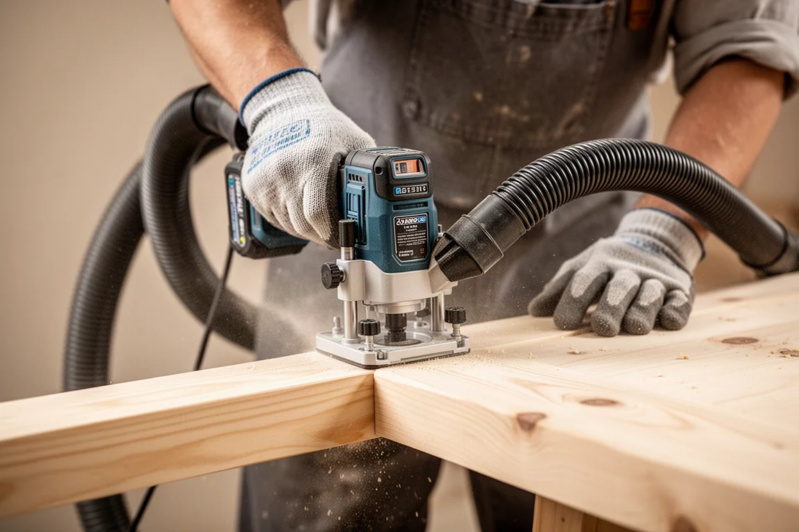 Woodworker trimming a board edge with a cordless router and vacuum attached