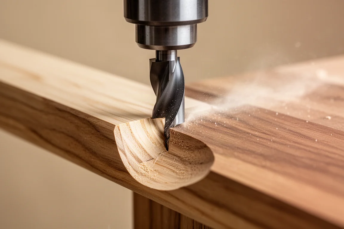 Router cutting a clean round-over profile along a board edge