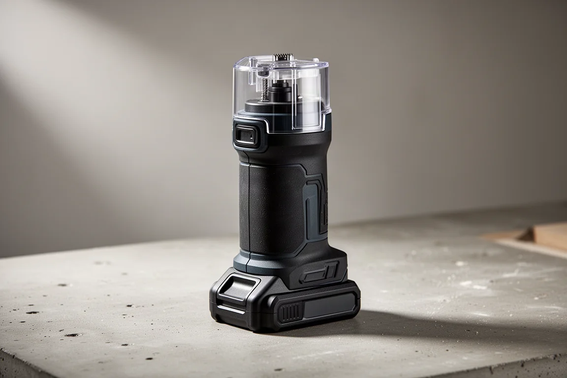 Compact cordless router standing on a workbench with soft studio lighting