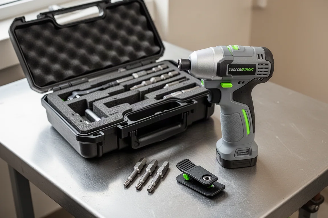 Impact driver resting on a workbench with its hard case open