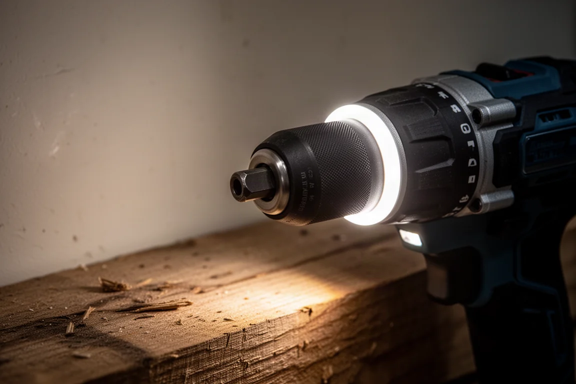 Halo LED ring around a chuck lighting a dim workshop corner