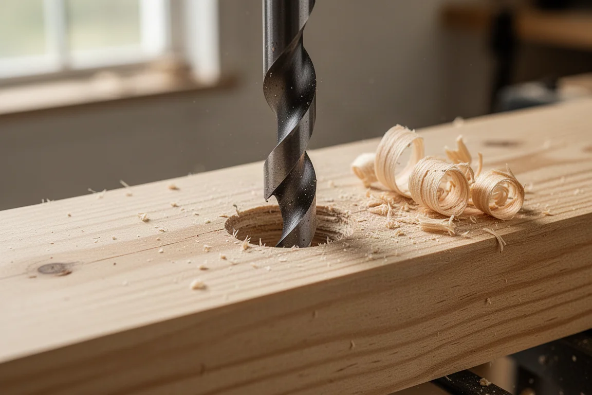 Clean auger-drilled hole in a piece of lumber