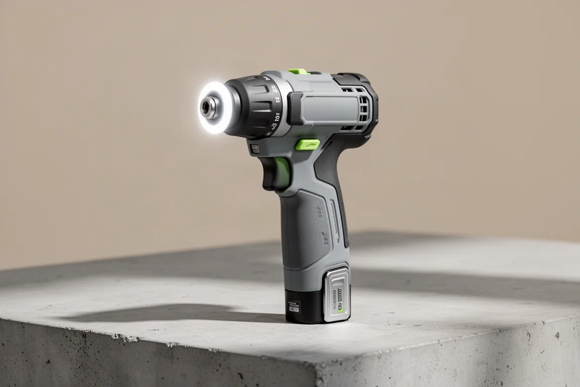 Gray cordless impact driver with green accents on a concrete surface