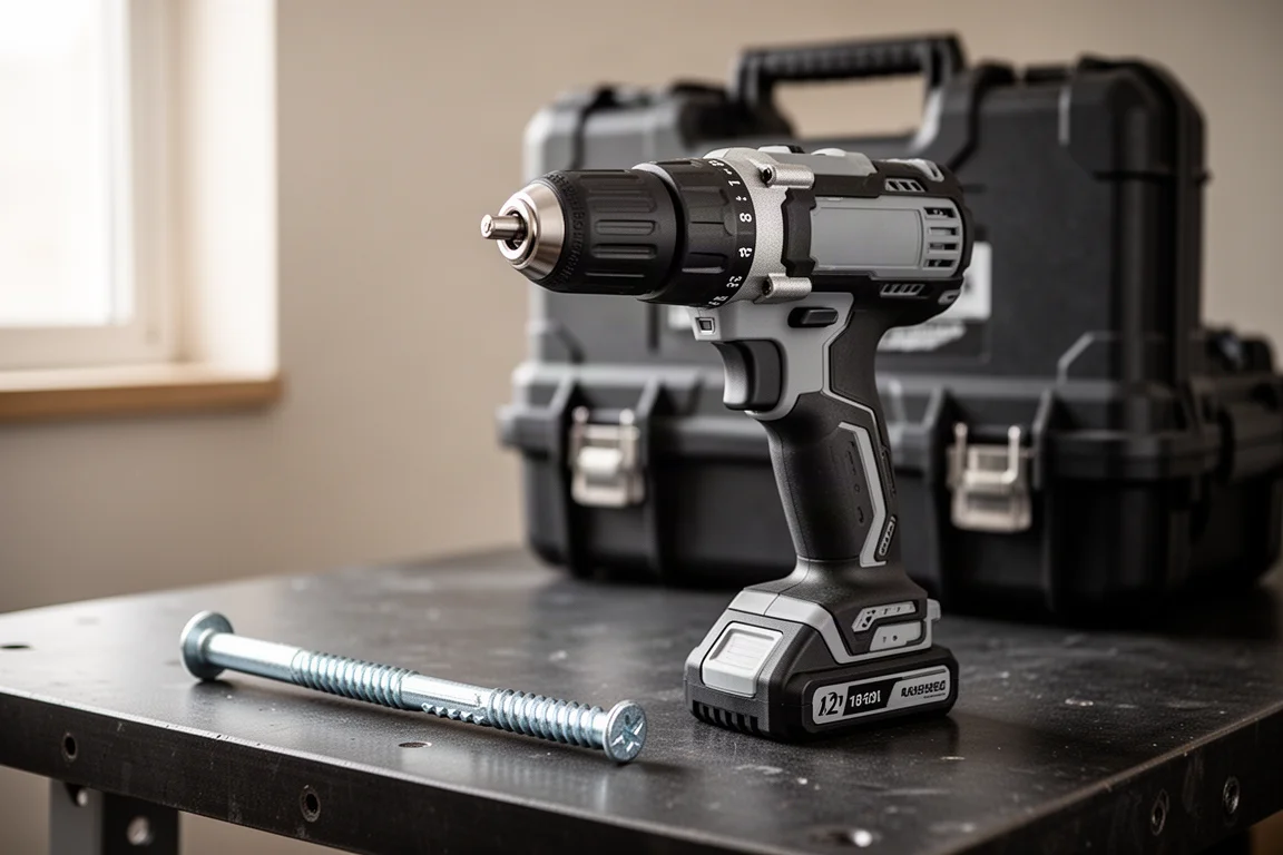 Cordless hammer drill resting on a workbench beside a structural lag fastener