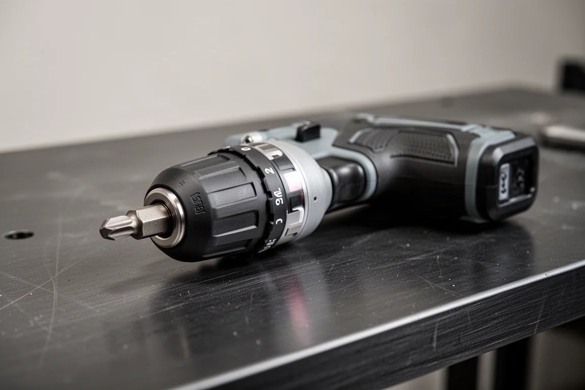 Cordless impact driver resting on a workbench with quick-eject chuck detail visible