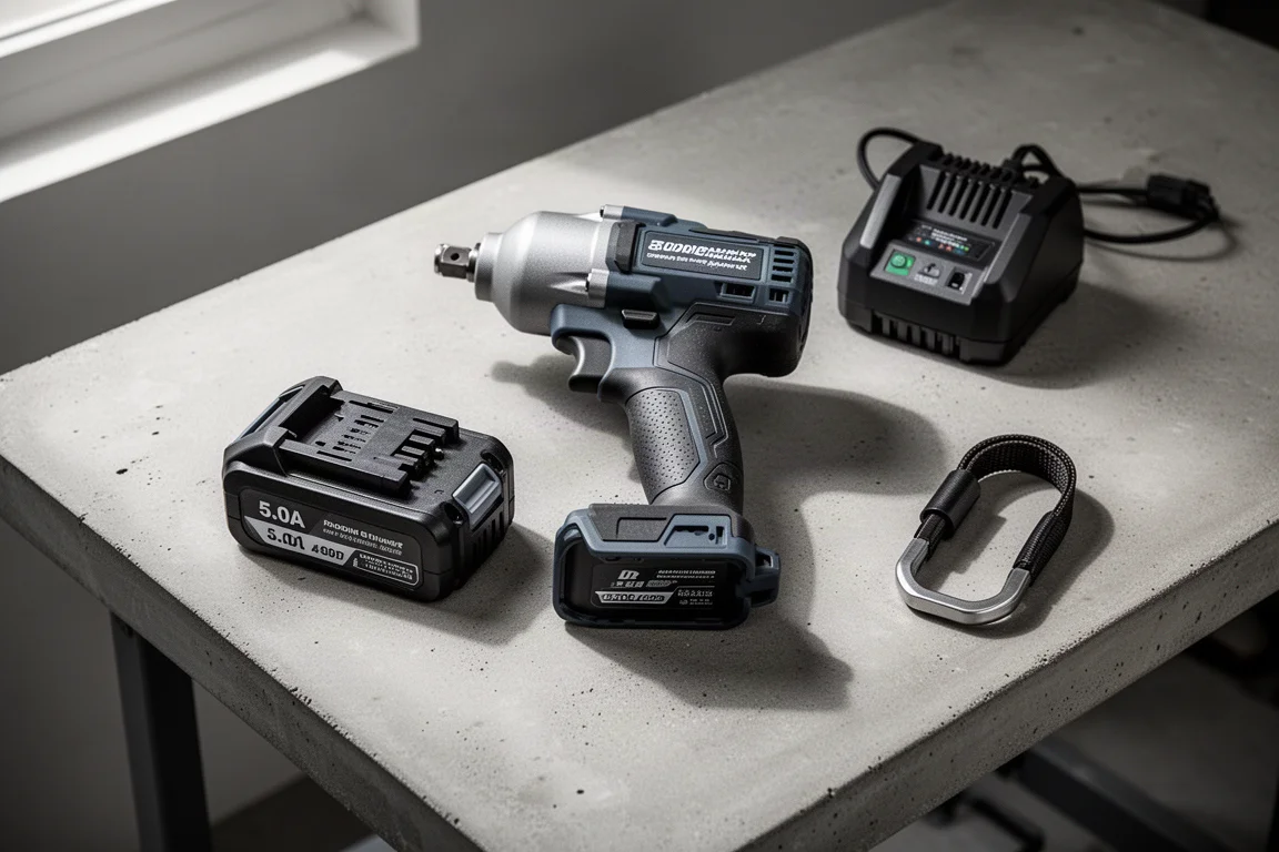 Impact wrench a batteria appoggiato su un bancale in cemento accanto a un pacco batterie