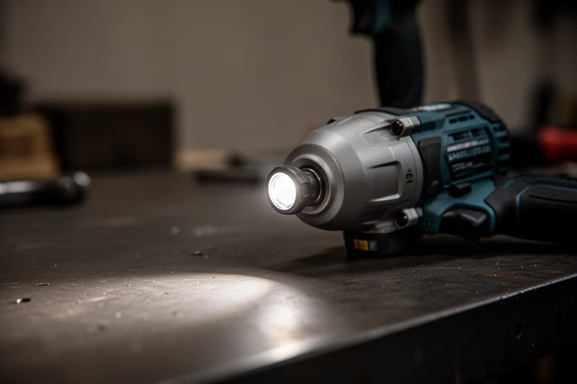 Luci LED di lavoro dell'impact wrench che illumina un bancale in penombra