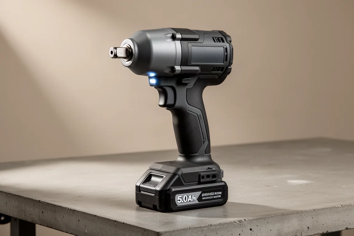 Flex 24V mid-torque cordless impact wrench with battery on a concrete workbench
