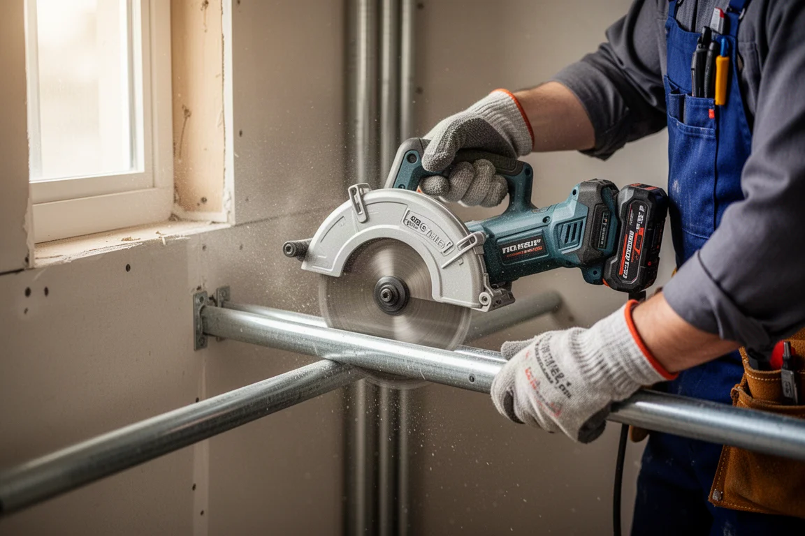 Electrician cutting metal conduit in a tight corner with a compact bandsaw