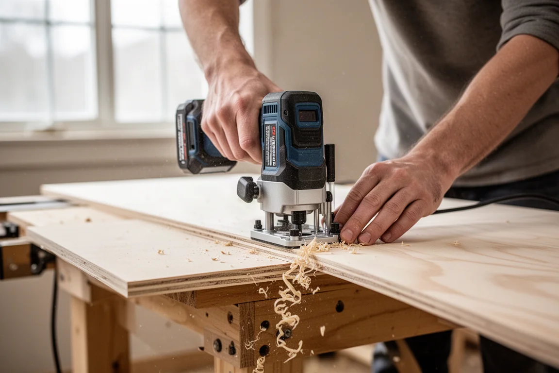 Woodworker trimming the edge of a plywood panel with a cordless trim router
