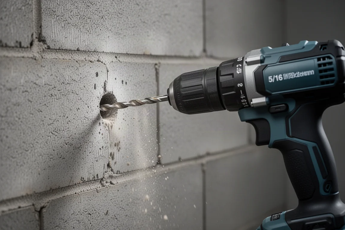 Drill boring into a concrete block wall with a masonry bit