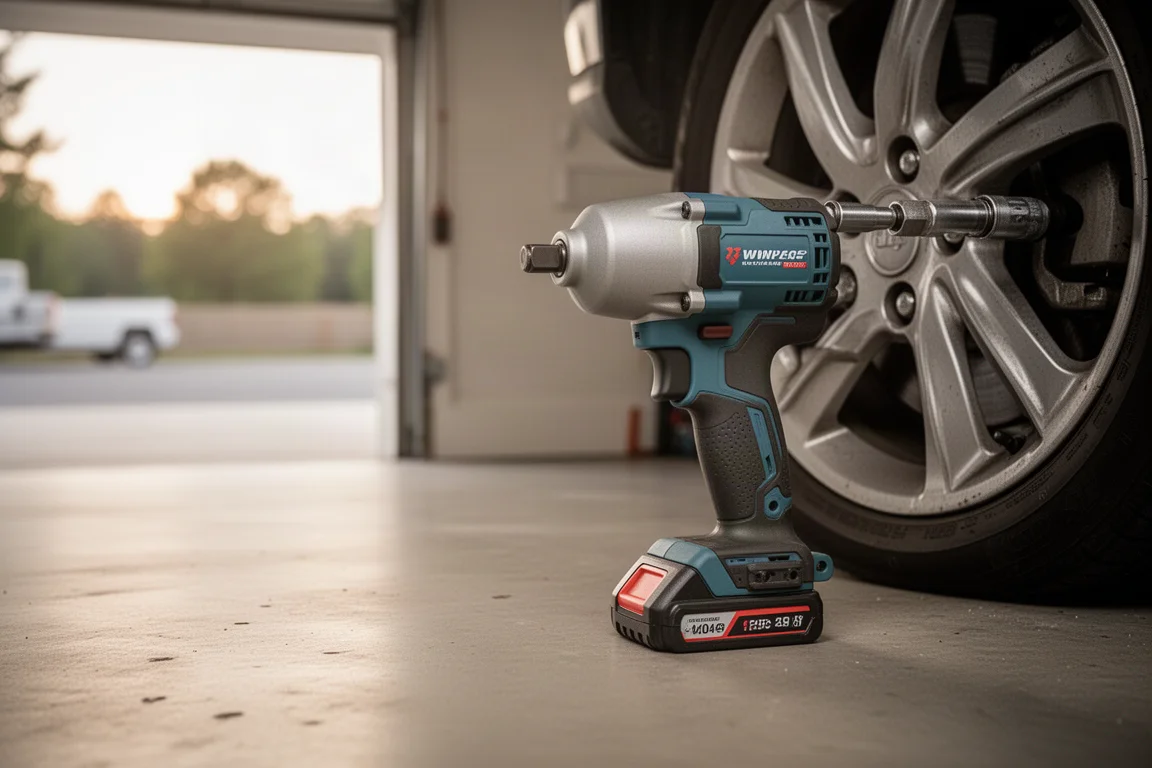 Impact wrench loosening a large lug nut on a vehicle wheel