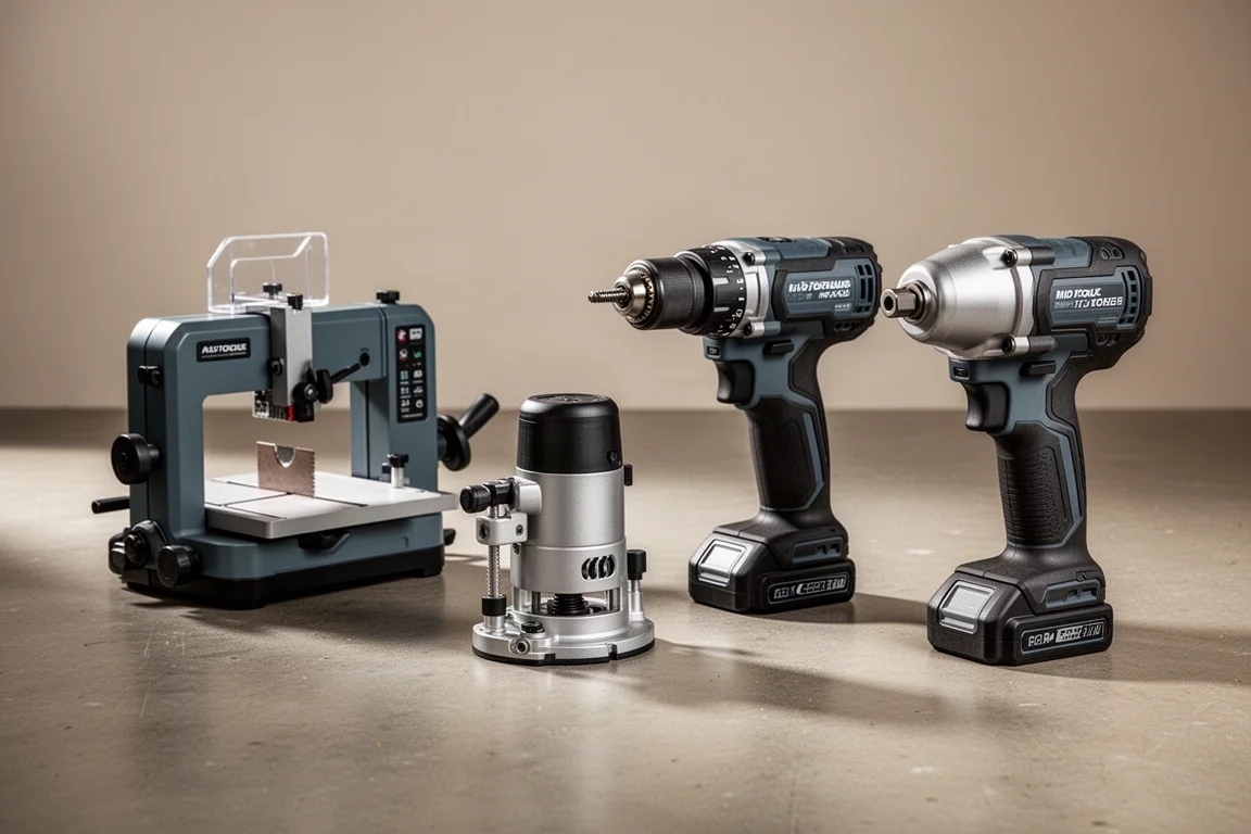 Four Flex 24V cordless tools arranged on a concrete workshop floor