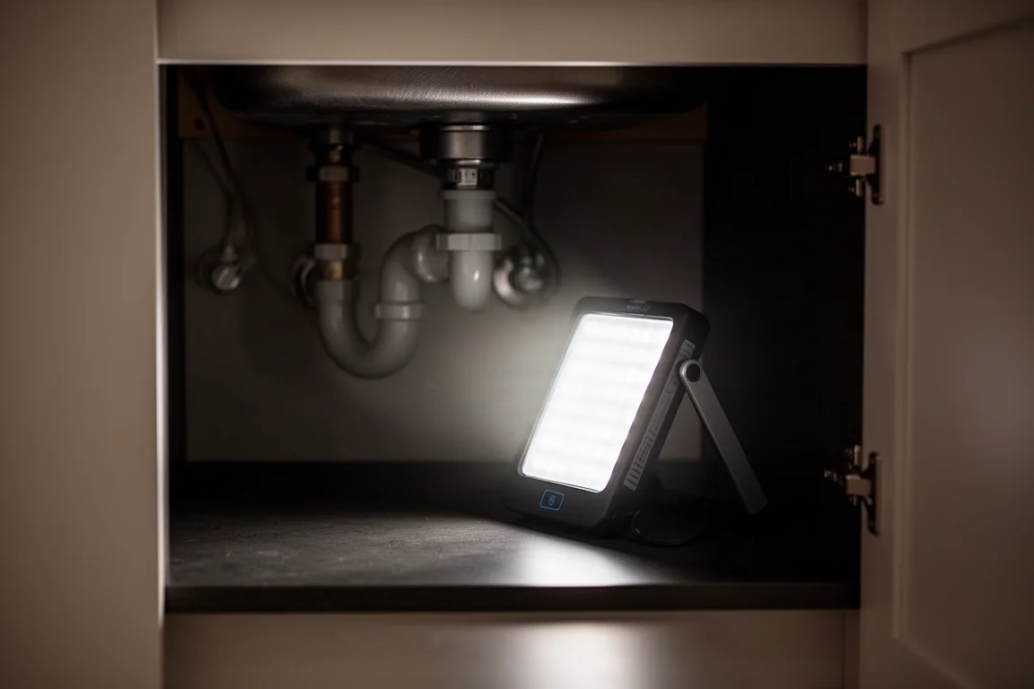 Schwenkbare LED-Inspektionsleuchte beleuchtet das Innere eines dunklen Schranks