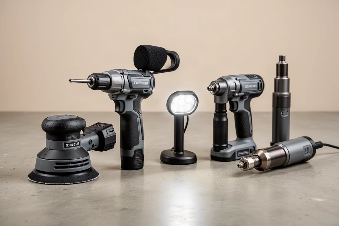 Five Flex 24V cordless power tools arranged on a concrete workshop floor