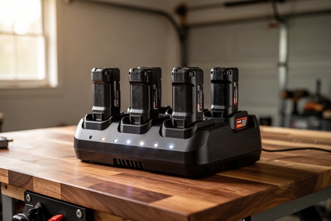 Cordless tool batteries seated in a four-bay rapid charger on a workshop bench