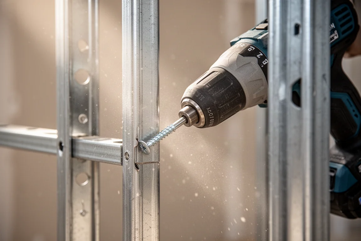 Compact impact driver driving a screw into metal framing in a tight space