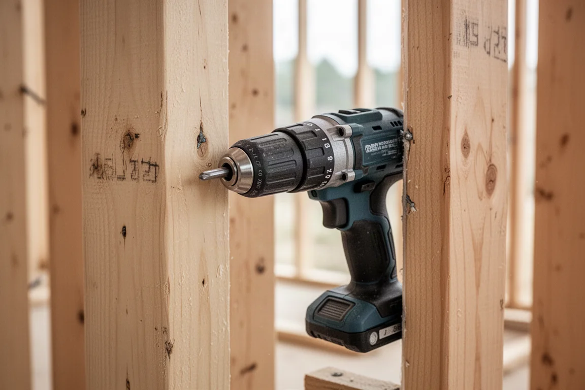 Compact drill driver reaching between wall studs during framing work