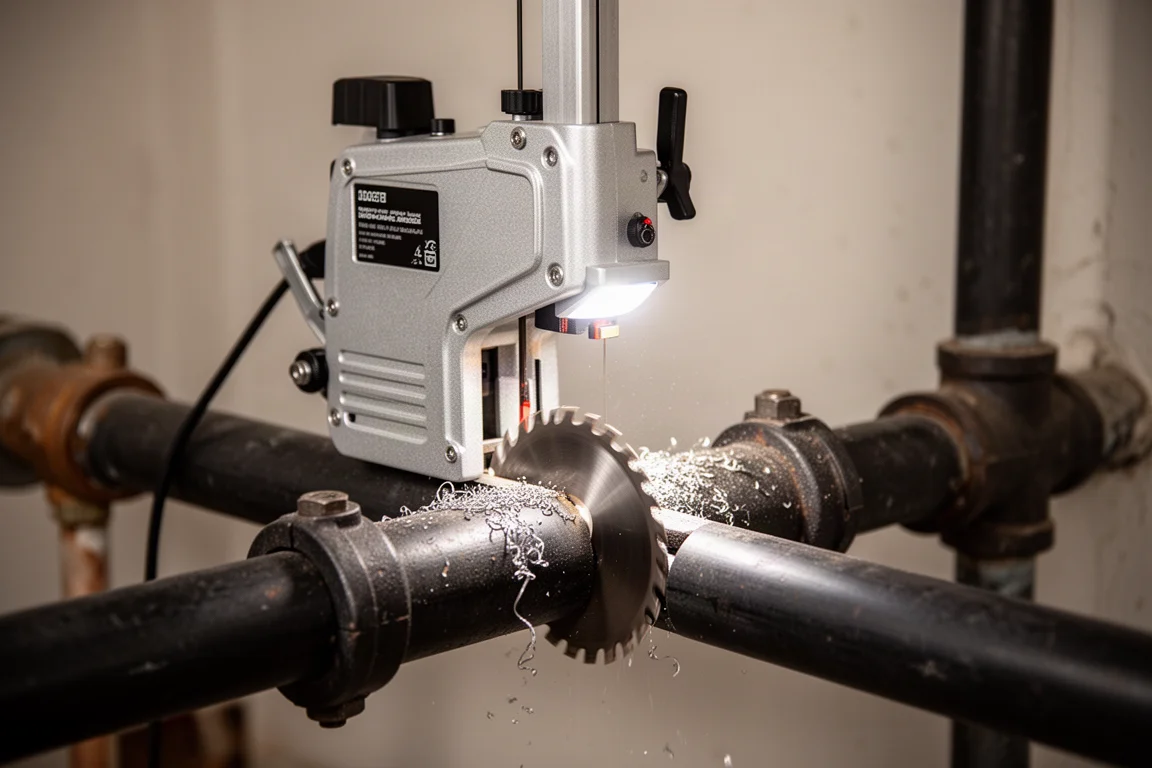 Deep cut bandsaw cutting through black iron pipe with an LED work light glowing