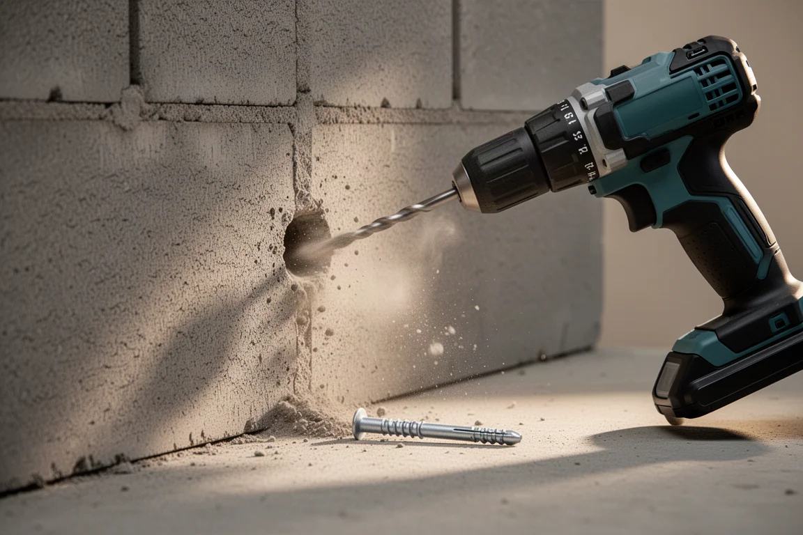 Cordless hammer drill driving a Tapcon anchor into a concrete block wall