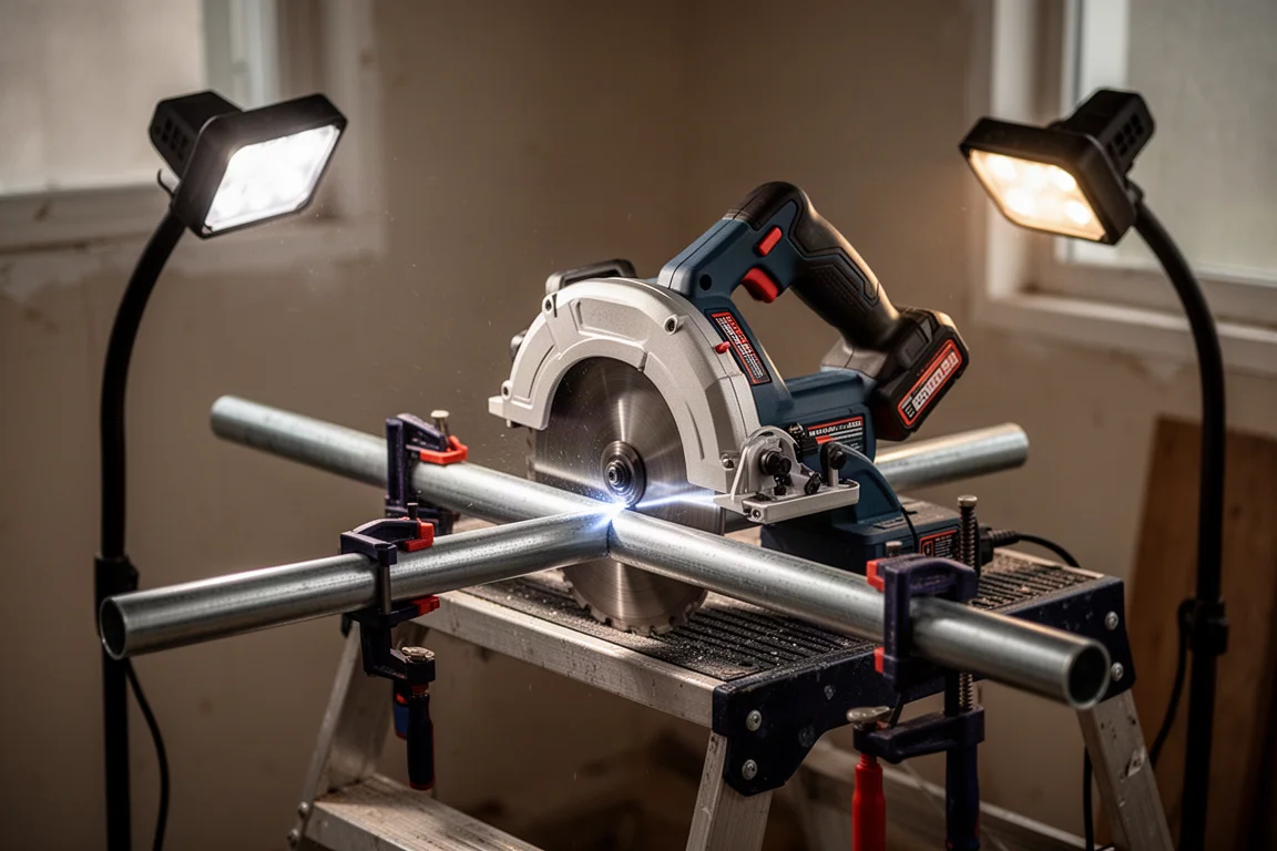 Compact bandsaw cutting metal conduit while balanced on a ladder platform