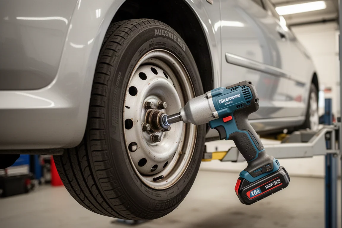 Impact wrench loosening a lug nut on an automotive wheel