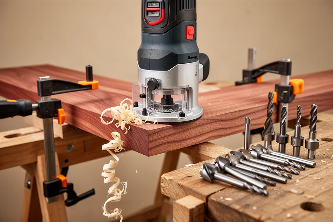 Trim router rounding over the edge of a red oak board