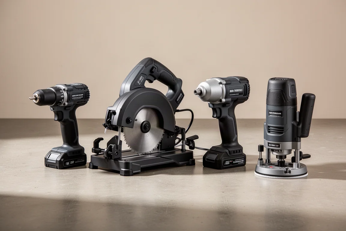 Four Flex 24V cordless power tools arranged on a concrete workshop floor