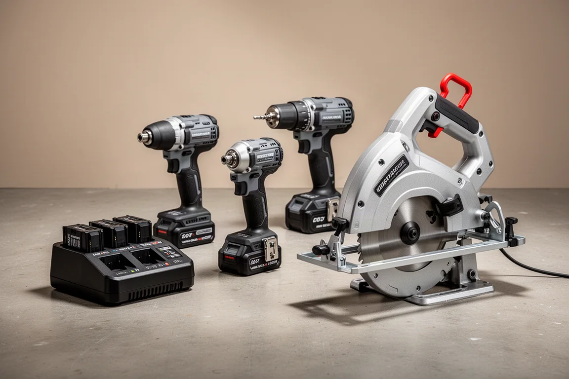 Four Flex 24V cordless tools including a charger, impact driver, drill, and bandsaw on concrete