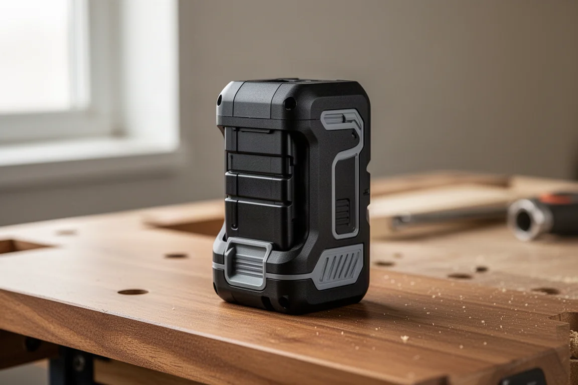 Compact cordless battery pack standing upright on a workbench