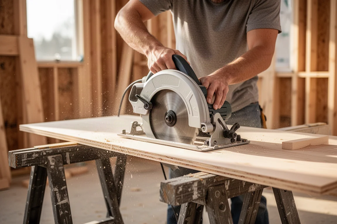 Contractor cutting lumber with a rear handle circular saw in a framed wall