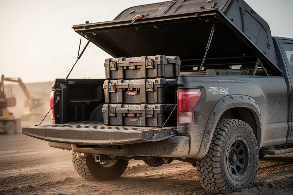 Modular stackable tool storage boxes stacked in a pickup truck bed